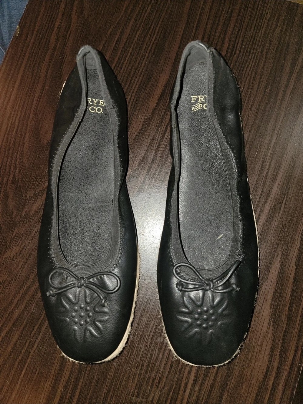 Frye & Co. Willow Black Espadrille Ballet Flats Floral Bow - Size 8.5